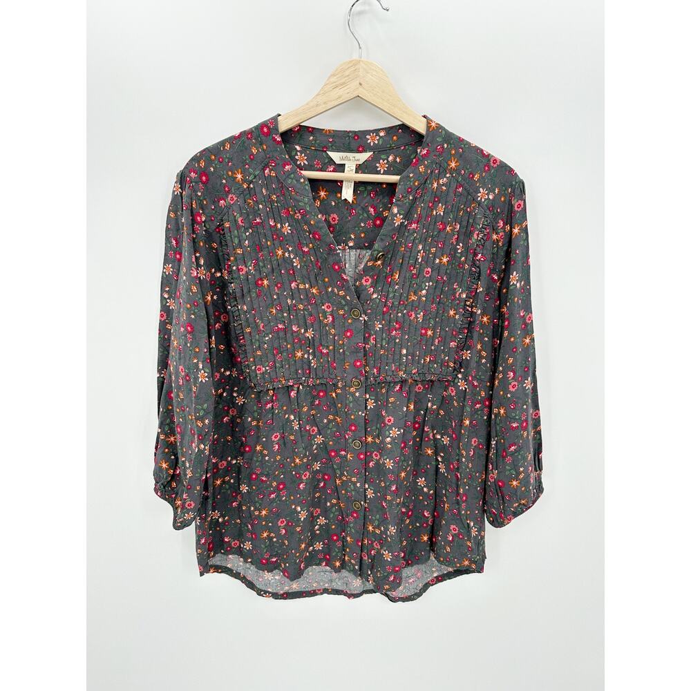 Matilda Jane Gray Floral‎ Afternoon Stroll Pleated Rayon Peasant Top Blouse L